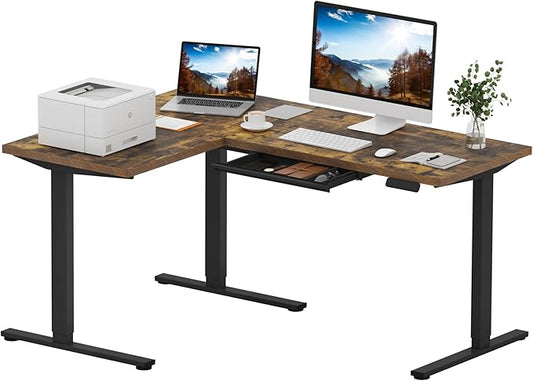 SANODESK L Shaped Electric Standing Desk with Drawer, 63 Inch Ergonomic Adjustable Height Desk with Storage, Corner Desk Sit Stand up Computer Table for Work Office Home, Rustic Brown
