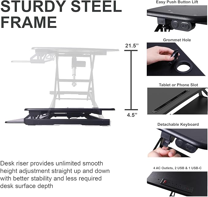 Rocelco 37.4" Electric Standing Desk Converter with AC USB Charger - Motorized Height Adjustable Sit Stand Up Dual Monitor Riser - Tabletop Computer Workstation - Large Keyboard Tray - Black (R EDRB2)