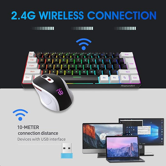 Snpurdiri 2.4G Wireless Gaming Keyboard and Mouse Combo, Include Small 60% Merchanical Feel Keyboard, Ergonomic Design Mini Wireless Mouse(White and Black)