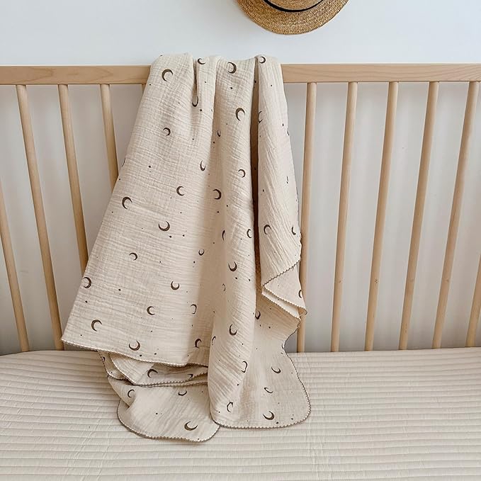 BuLuTu 100% Cotton Toddler Blankets Soft Breathable Crib Blanket for Infant Baby Girls Boys, Ultra Lightweight Muslin Baby Nursery Blankets,Moon Pattern,47"x51"