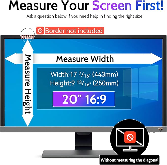 Computer Privacy Screen 20 Inch for 16:9 Widescreen Monitor, Removable 20inch Anti Blue Light Anti Glare Monitor Privacy Filter Shield (17 7/16" x 9 13/16")