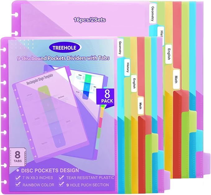 9 -Discbound Pocket Divider with 8 Tabs, 2 Set 7" X9.25 Inches Tul Notbook Binder Divider Folder Dis Planner Inserts for for Document Discbound System, Office Home School（16Pcs