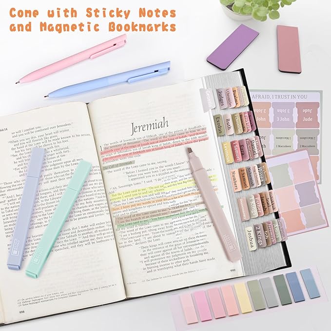 Bible Journaling Kit, Include 6 Bible Highlighters and 6 Pens No Bleed, 90 Laminated Bible Tabs, Magnetic Bookmarks, Sticky Notes, Study Supplies Essentials Set for Women & Men