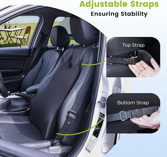 Lumbar Support Pillow for Car - Back Support for Medium to Large Vehicles - Soft Memory Foam Car Seat Cushion for Back Pain Relief - Dual Adjustable Straps Securely Fixed Car Lumbar Support -Black