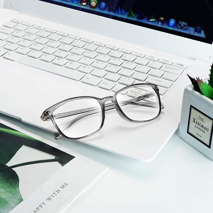 VisionGlobal Blue Light Blocking Glasses for Women/Men, Anti Eyestrain, Computer Reading, TV Glasses, Stylish Square Frame, Anti Glare(Clear Gray,+6.00 Magnification)
