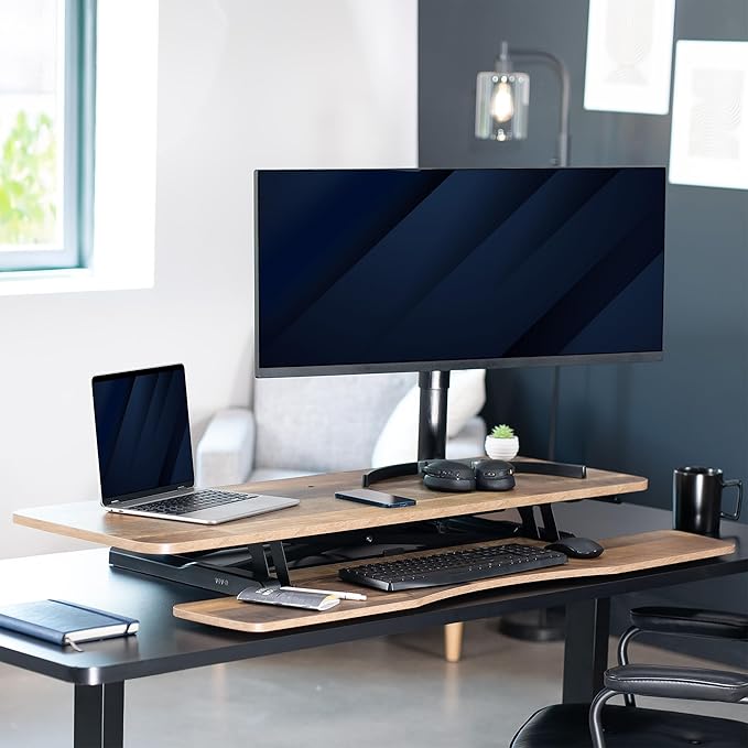 VIVO 48 inch Desk Converter, K Series, Height Adjustable Sit to Stand Riser, Dual Monitor and Laptop Workstation with Wide Keyboard Tray, Reclaimed Wood Top, Black Frame, DESK-V048KP