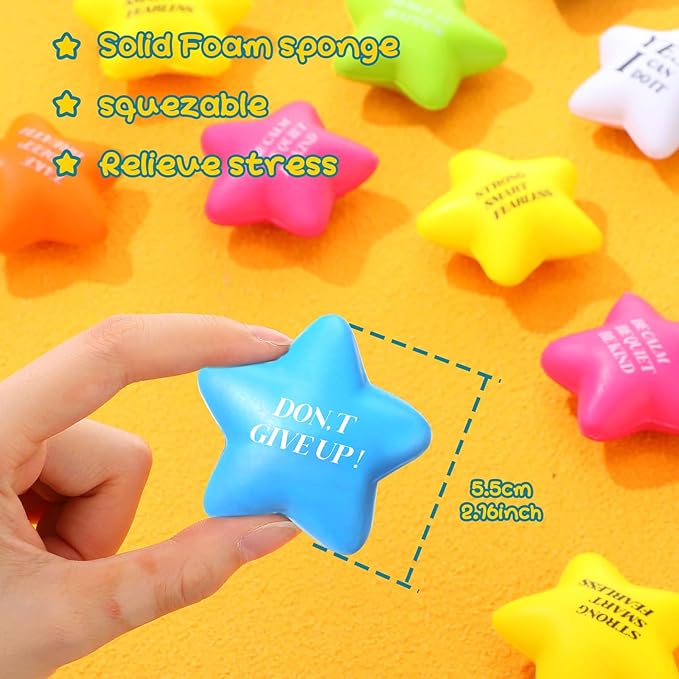 Chalyna 30 Pieces Motivational Star Stress Ball Quote Relief , 2.2 Inch PU Foam Stress Toys Bulk Sensory Star Toy Gifts for Kids Teens Adults Relieve Anxiety Party Supplies(Bright Colors)