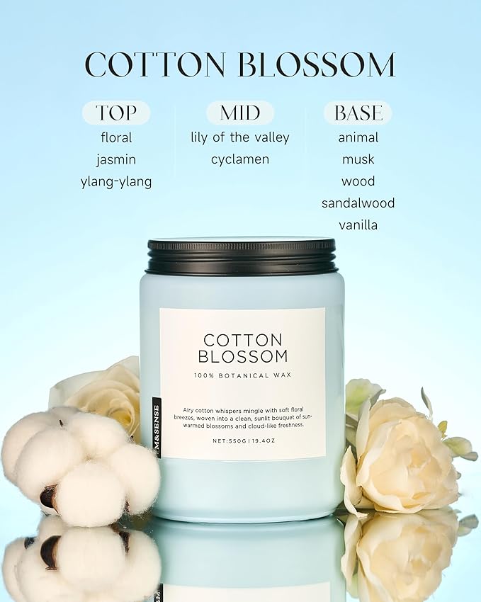 M&SENSE Clean Cotton Scented Candle - 19.4oz Natural Soy Wax Clean Cotton Blossom Scent Non Toxic Candle, 110-Hour Slow Burning 2-Wick Aromatherapy Home Fragrance Gifts for Home Decor