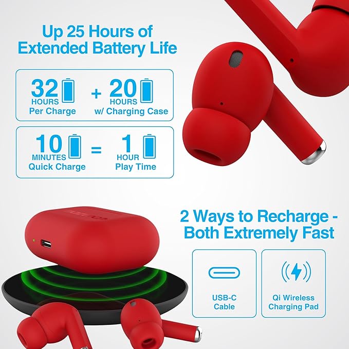 Naztech Xpods PRO Ear Buds - (Red) True Wireless Earbuds Noise Cancelling Earbuds Wireless Bluetooth Earphone for Gym Sound Cancelling in Ear Headphones Fitness Earphones Includes Charging Case