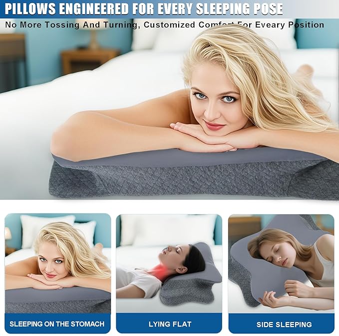 Memory Foam Pillows Cooling Cervical Pillow for Neck and Shoulder Pain Relief Ergonomic Contour Bed Pillow for Side Sleep Stomach Sleeping and Back Sleeper (Dark Grey, Queen-23.2''Lx15.1''Wx4.7''H)