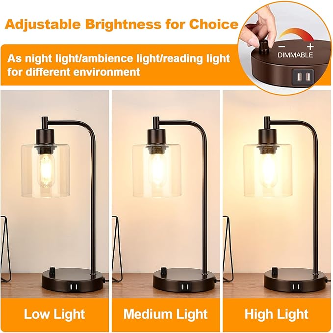 Brown Industrial Table Lamp with 2 USB Charging Ports, Fully Stepless Dimmable Modern Nightstand Lamp, Glass Shade Bedside Desk Lamp for Bedroom Living Room Office, 6W 2700K LED Edison Bulb Included