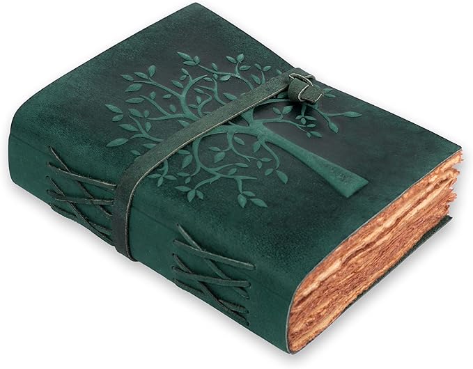 LEATHER VILLAGE Tree of Life Journal - 10 X 7 inches - Turquoise - 200 Antique Deckle Edge Handmade Paper – Book of Shadows - Vintage Leather Bound Journal for Women & Men