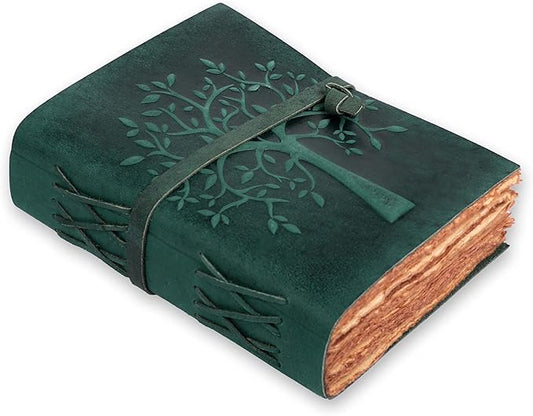 LEATHER VILLAGE Tree of Life Journal - 10 X 7 inches - Turquoise - 200 Antique Deckle Edge Handmade Paper – Book of Shadows - Vintage Leather Bound Journal for Women & Men