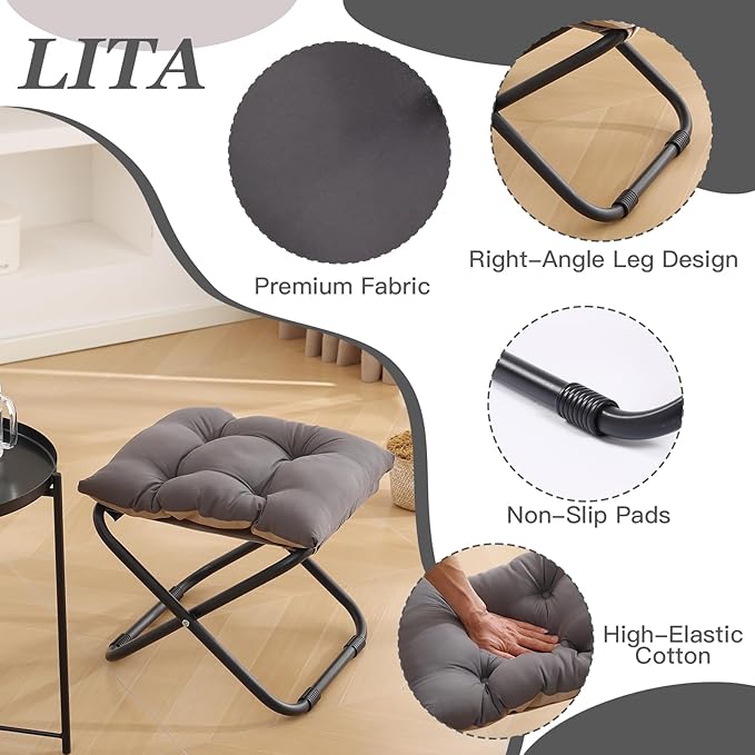 LITA Folding Upholstered Footrest Stool with Straight & Square Shape, Dark Grey