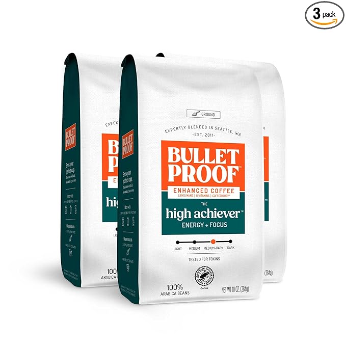 Bulletproof The High Achiever Ground Mushroom Coffee, 10oz (Pack of 3), High Caffeine with Lion's Mane, B Vitamins and Adaptogens for Energy & Focus, Medium-Dark Roast