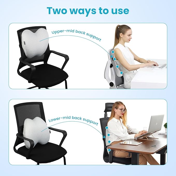 Lumbar Support Pillow Office Chair Car Back Pillow, Ergonomic Lower Back Pain Relief Breathable Air Fiber Cushion for Long Sitting Worker Driver & Handicapped, Adjustable Strap (Light Grey)