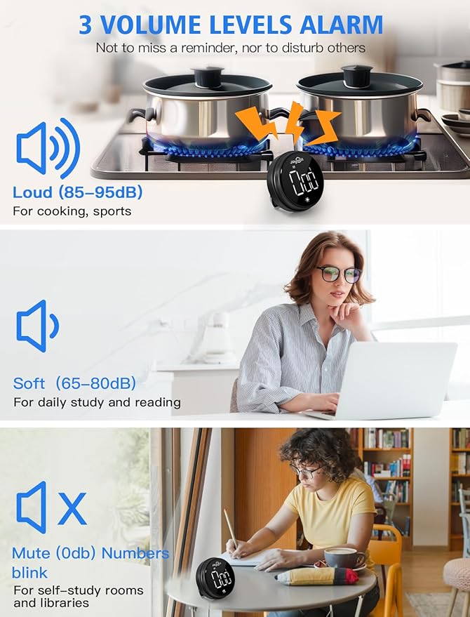 JOYHILL Digital Kitchen Timer, Large LED Display with Magnetic Countdown 3 Volume Levels, Ideal for Cooking Classroom Studying Fitness, Timer for Kids and Seniors White