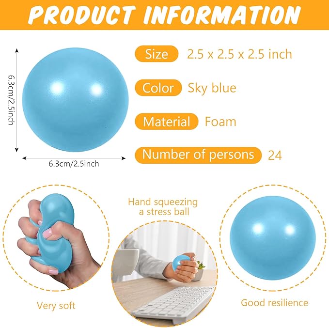 24 Pcs Light Blue Foam Stress Ball Squeeze Stress Relief Balls for Kids and Adults Hand Exercise Sensory Relief Toys for Anxiety ADHD Autism （Light Blue）