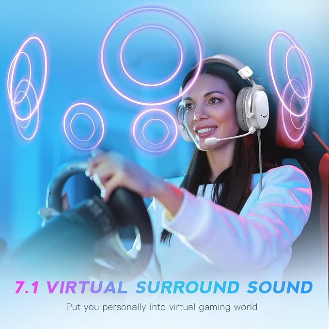 FIFINE USB PC Gaming Headset with 3.5mm Audio Jack, Detachable Microphone, 7.1 Surround Sound, Volume Control, Streaming Over-Ear Wired Headphones for Computer, PS5, Controller, Xbox-H9 White