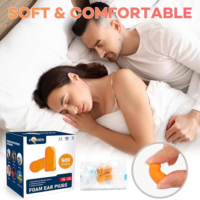 VOISEN Ear Plug,500 Pairs Ear Plugs for Sleeping,32dB NRR 37dB SNR Ear Plugs Noise Cancelling for Snoring, Studying, Loud Events, Traveling & Concerts, Individual Package