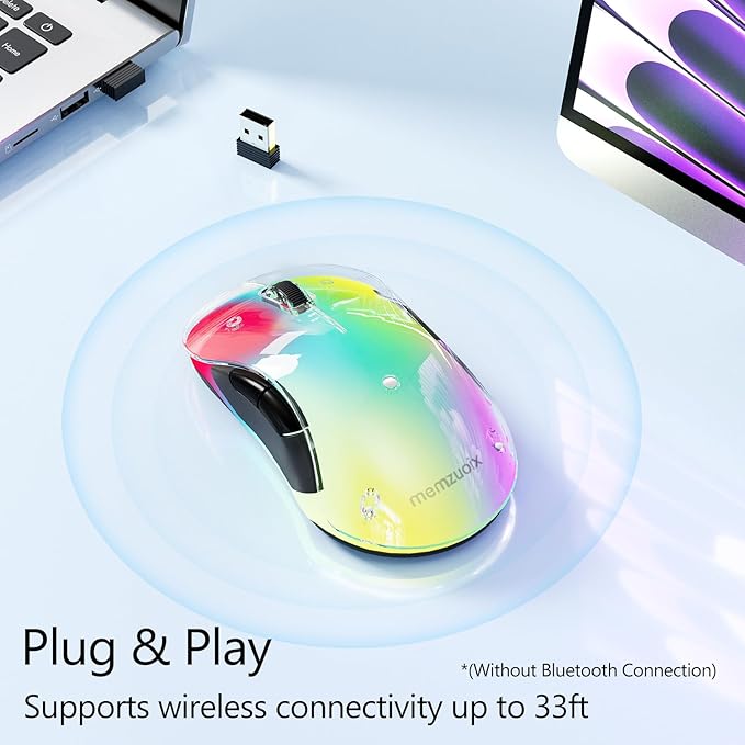 memzuoix 2.4G Wireless Mouse with Customizable Cover & 9-Color LED - Rechargeable Ergonomic, 1200 DPI, 5 Buttons, USB Receiver for PC/Mac - White