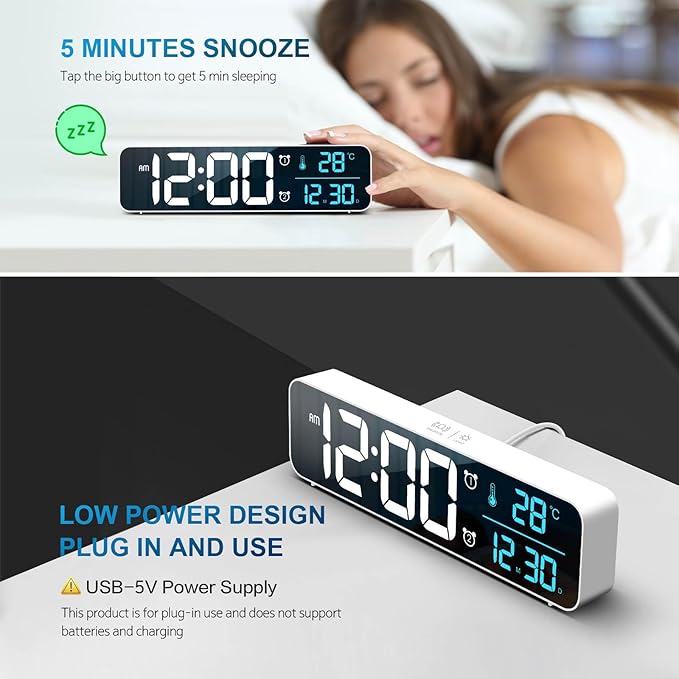 Hournor Digital Clock, Clock for Bedroom, Digital Wall Clock, Clocks for Living Room Decor, Desk Clock, Table Clock, Digital Clock Large Display, Smart Alarm Clock for Office (Wired White+Blue Digit)