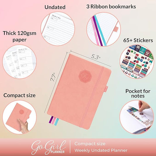 GoGirl Planner and Organizer for Women – Compact Size Weekly Planner, Goals Journal & Agenda to Improve Time Management, Productivity & Live Happier. Undated – Start Anytime, Lasts 1 Year – Peach Pink