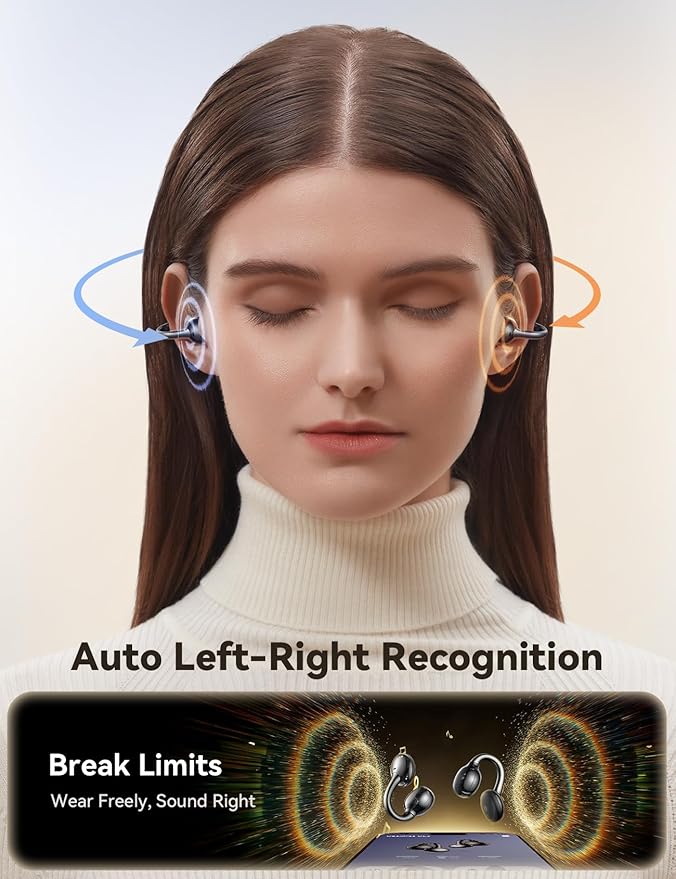 JOYROOM OE3 Clip-On Earbuds, Wireless Open Ear Earbuds Headphones with Auto L-R Recognition, Omni Tap Control, Immersive Sound, and Ultra-Light 4.9g Fit, Comfortable for Workouts and Daily Use（Black）