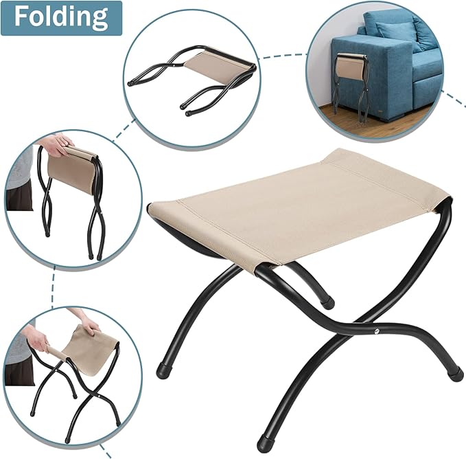 15" Foldable Foot Stool Ottoman with Metal Frame - Washable Faux Fur Beige Upholstered Indoor/Outdoor Footrest for Living Room, Bedroom, Patio - Space-Saving Compact Design