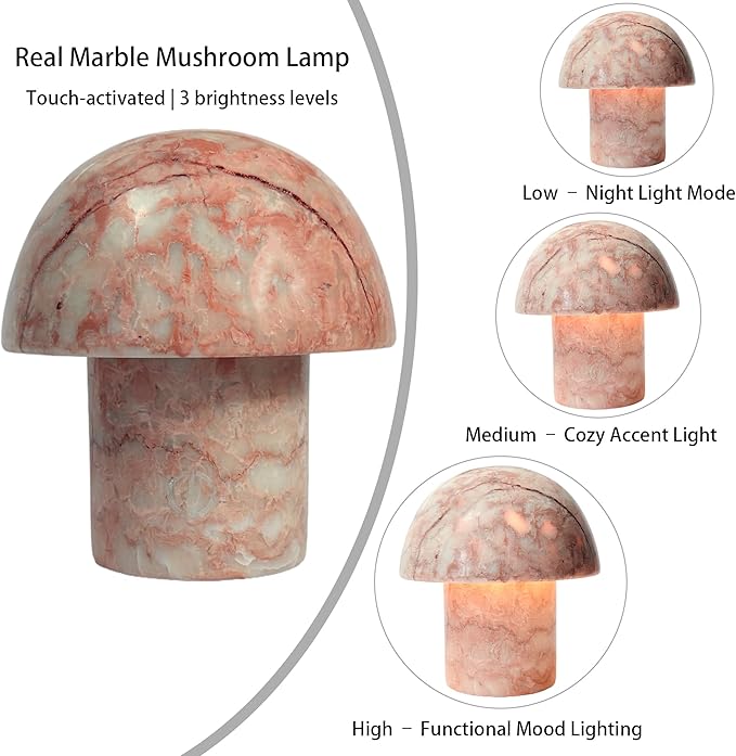 Marble Mushroom Table Lamp - Small Rechargeable USB-C Cordless Touch-Dimmable Night Light, Hand-Polished Natural Stone, 4.3"x4.7"