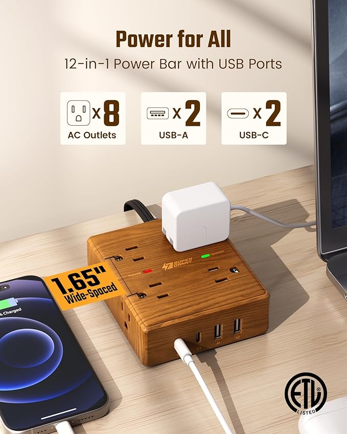 Brown Extension Cord 10Ft, Flat Plug Power Strip Surge Protector, 8 Outlets & 4 USB Ports (2 USB C), Desktop Charging Station Hidden Behind Furniture, Decorative Office Desk Accessories (Wood Grain)
