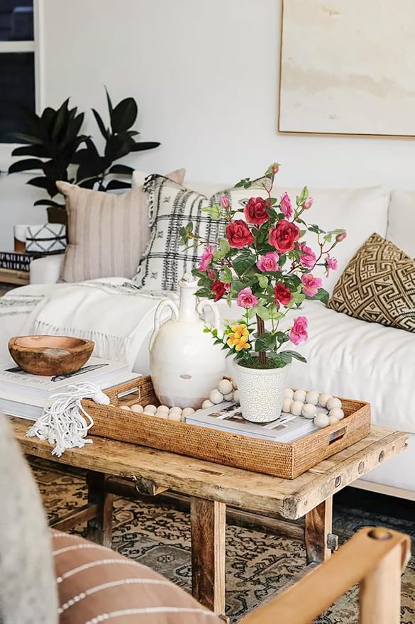 Hollyone Artificial Plants & Flowers in Vase Red Camellia Roses Faux Flower Plant Arrangement with Pot Fake Rose Flowers Home Decor Office Bathroom Shelf Desk Table Decoration