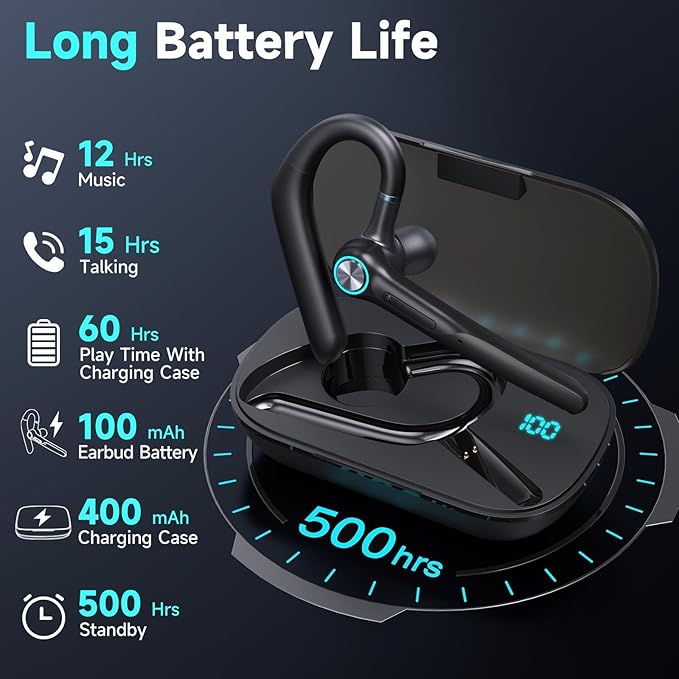 Bluetooth Headset Wireless Earpiece 60Hrs Playback Built-in Dual Mic Noise Canceling Wireless Headset Earphone with 400mAh LED Charging Case for Business Office Trucker (Black)