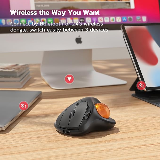Nulea M501 Wireless Trackball Mouse, Rechargeable Ergonomic, Easy Thumb Control, Precise & Smooth Tracking, 3 Device Connection (Bluetooth or USB Receiver), Compatible for PC, Laptop, Mac, Windows.