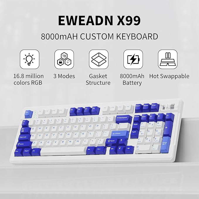 EWEADN X99 Wireless Mechanical Keyboard - 99 Keys, Three Mode Connectivity- BT5.0/2.4GHz/USB-C, Hot-Swappable PCB, Gasket Mount, 8000mAh Battery, PBT Double-Shot Keycaps,Blue and White, Linear