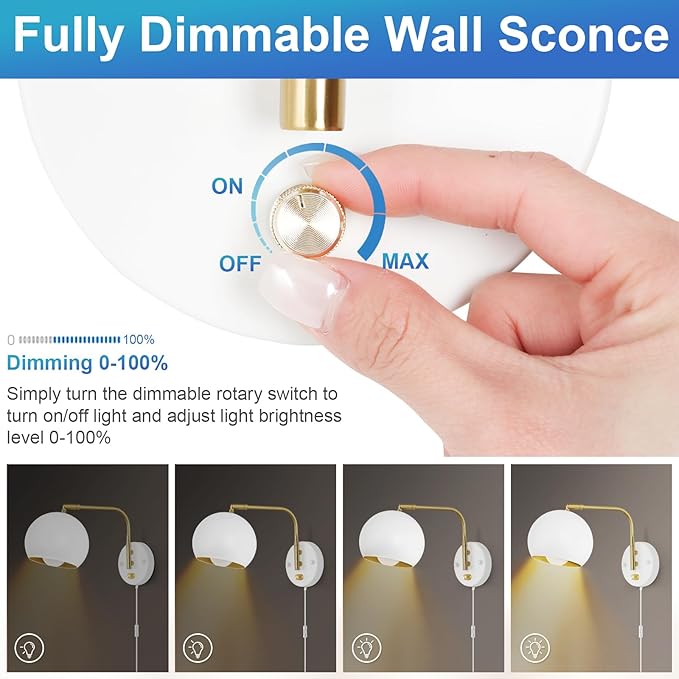 Wall Sconces Plug in, Dimmable Wall Sconce Swing Arm Wall Lights with Plug in Cord and Dimmer On/Off Knob Switch, White Globe Wall Light for Bedside Bedroom Hallway(2 Bulbs Included)