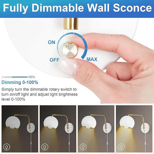 Wall Sconces Plug in, Dimmable Wall Sconce Swing Arm Wall Lights with Plug in Cord and Dimmer On/Off Knob Switch, White Globe Wall Light for Bedside Bedroom Hallway(2 Bulbs Included)
