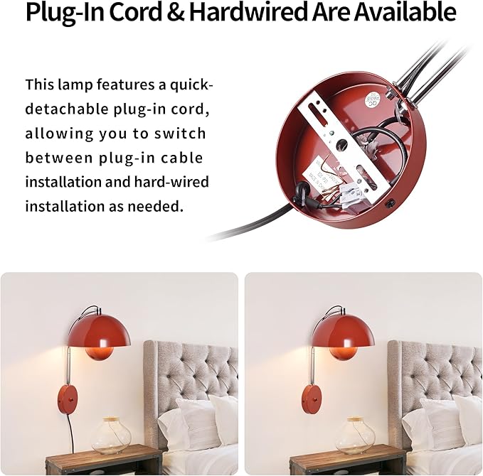 COSYLUX Modern Sleek Plug in Wall Sconce, Hardwired & Corded 2in1 Design Metal Wall Light Fixtures for Bedroom Bedside Reading, Mid-Century Flower Bud Wall Sconces with Switch, Red