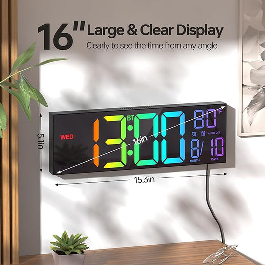 JALL 16.2" Large Digital Wall Clock with Seconds, Bluetooth Sync, Alarm Big LED, RGB Color, DST Temperature for Classroom Bedroom Garage Gym, Mount, Xmas, Birthday Gift for Aged Elderly Mother Father