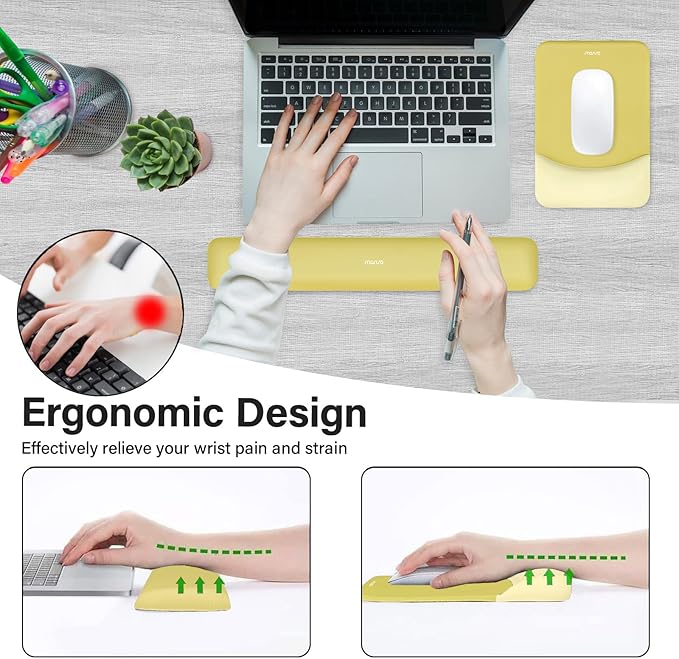 MOSISO Wrist Rest Support for Mouse Pad&Keyboard Set, Rectangular Ergonomic Mousepad Non-Slip Base Home/Office Pain Relief&Easy Typing Pad with Neoprene Cloth&Raised Curved Memory Foam, Yellow