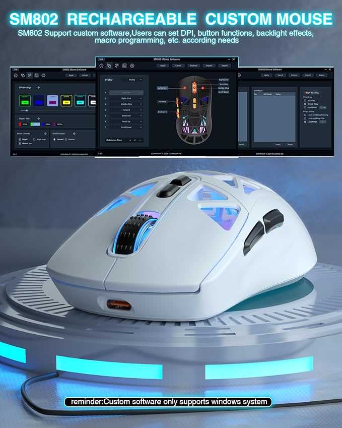 SM802 White Wireless Gaming Mouse,10000 DPI,Tri-Mode Wired/BT 5.0/2.4GHz Wireless Mouse Gaming with Side Button,RGB Programmable Macro Mouse for Laptop