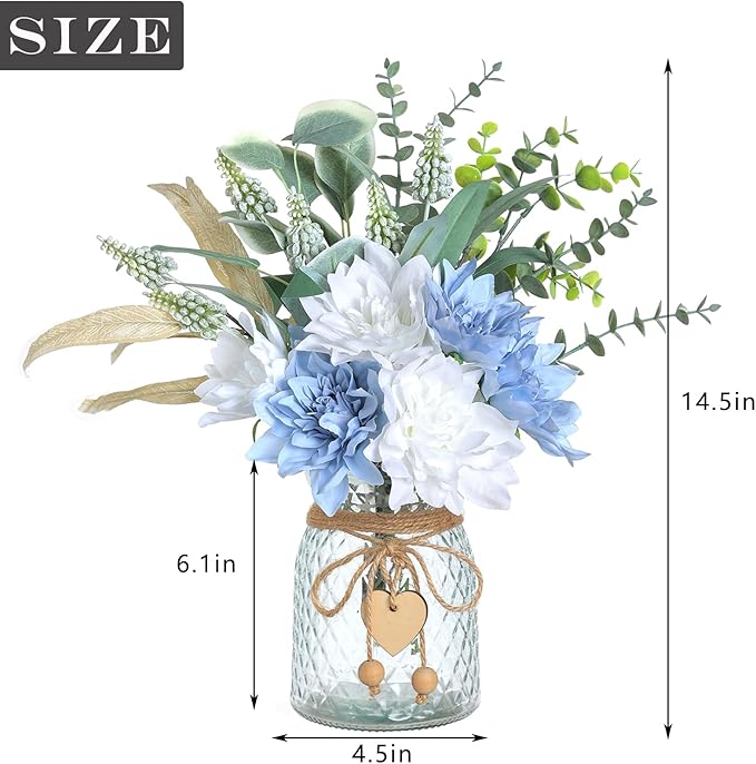 Faux Flowers with Vase,Artificial Silk Flowers in Vase, Fake Plant Eucalyptus and Willow,Flower Arrangement for Home Farmhouse Dining Table Centerpiece Decorations Coffee Table Decor (Dusty Blue)