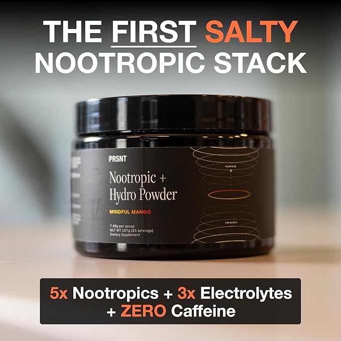 PRSNT Nootropic Drink Powder – Mango Flavor – Focus, Energy & Brain Boost Supplement – Lions Mane, Alpha GPC, L-Tyrosine, Magnesium, Electrolytes – 25 Servings, Caffeine-Free, Sugar-Free