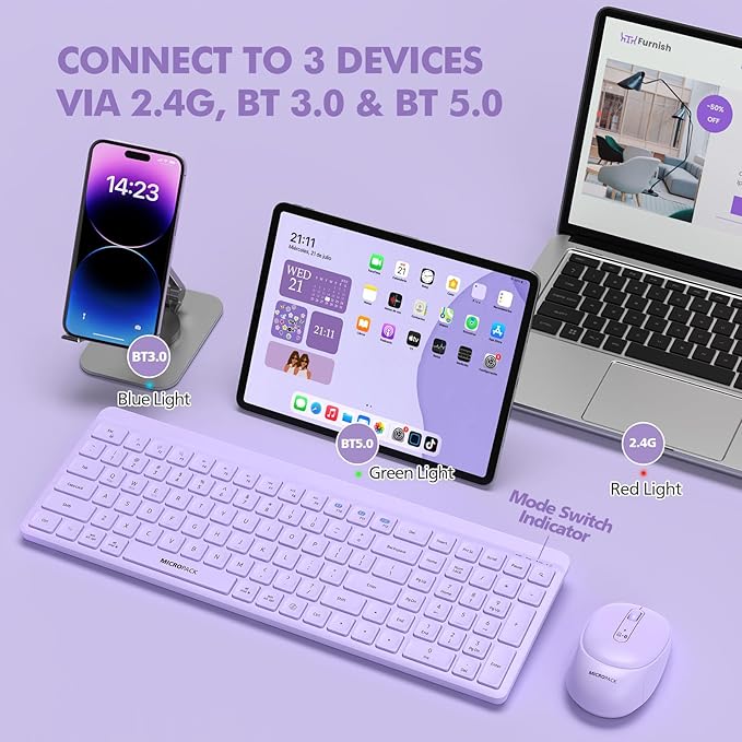 Purple Wireless Keyboard and Mouse Combo for Desktop Mac iPad Bluetooth 2.4 Ghz Rechargeable Slim Silent Click with Number Pad Compatible with Pc, Laptop, Tablet (Purple)