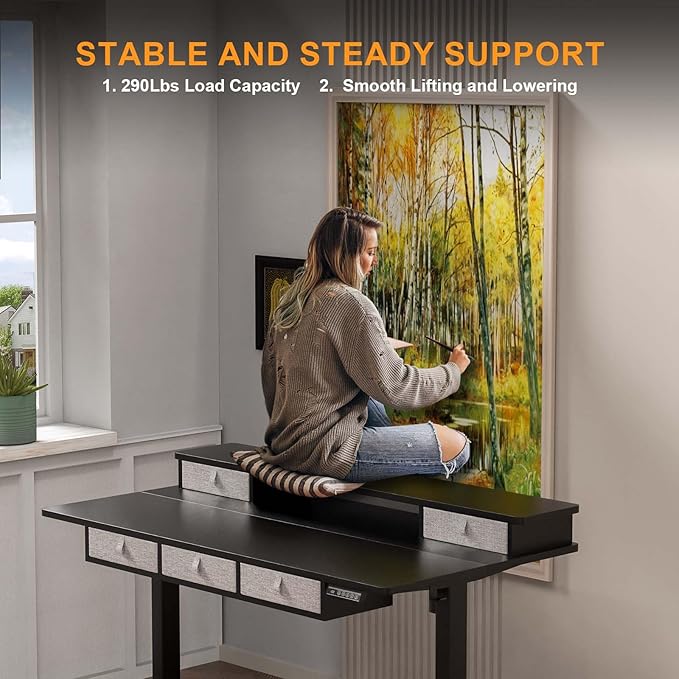 XINYAO Electric Standing Desk with 5 Drawers, 55x30 Inch Extra Wide Height Adjustable Sit Stand Up Desk with Storage Support 290lbs Ergonomic Rising Table with Wheels for Home Office