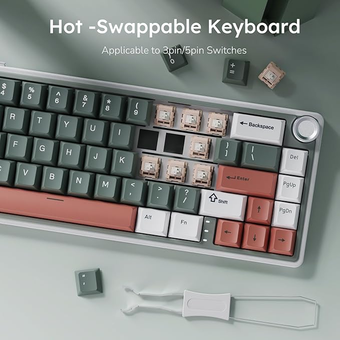 RK ROYAL KLUDGE R65 Wireless Mechanical Keyboard with Volume Knob, Tri-Mode 2.4G/USB-C/BT Gasket Mounted 60% Gaming Keyboard with 66Keys, PBT Keycaps, QMK/VIA, Hot Swappable Cream Switch, Clay Green