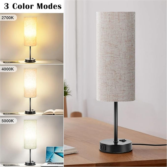 ZJOJO Table Lamp for Bedroom 2 Pack,18in Bedside Lamps with 3 Way Dimmable Rocker Switch & AC Outlet,Nightstand Desk Lamp with Flaxen Fabric Shade Black Base for Living Room Home Decor Lights