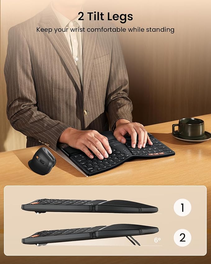 ProtoArc Bluetooth Ergonomic Keyboard, EK04 Mini Compact Wireless Ergo Keyboard with Palm Rest, Split Design, Natural Typing, Bluetooth and USB, Rechargeable, for Windows/Mac - Black