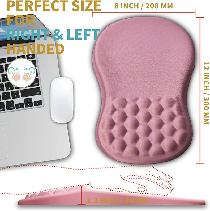 Hokafenle Ergonomic Mouse Pad Wrist Support with Massage Design, Wrist Rest Pain Relief Mousepad with Memory Foam&Non-Slip PU Base, Mouse Pads for Wireless Mouse & Desk (12x8 inch,Pink)