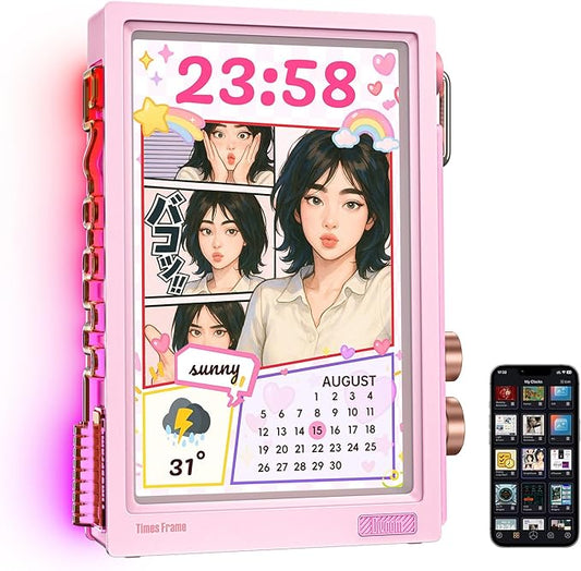 Divoom Times Frame-10.1" Digital Picture Frame Transparent IPS with RGBLED Rotary Knob WiFi 64GB 400+Clock Faces Widget 50+API Feeds Gift Mode Pixel Art Community Personalized Display (Pink)